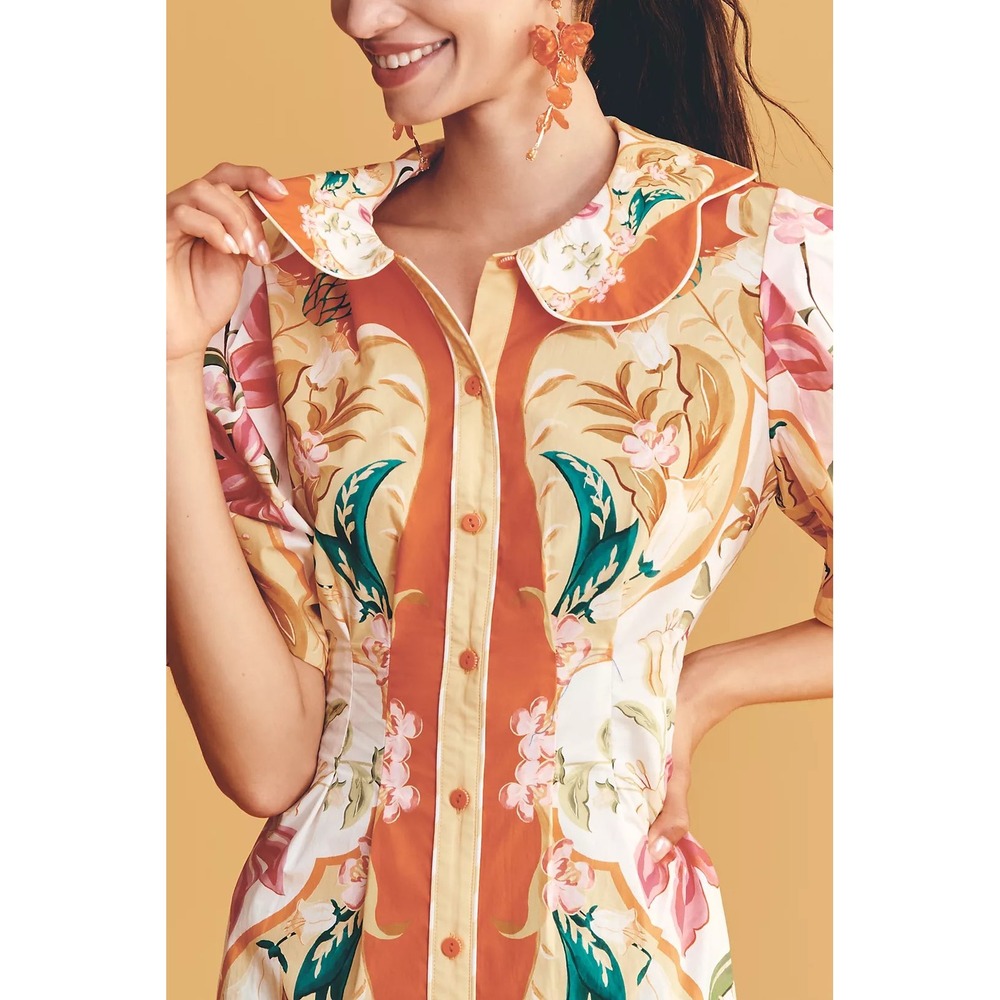 Farm Rio Talita Floral Puff Sleeve Mini Dress Orange Button Front XS NEW - Picture 3 of 14